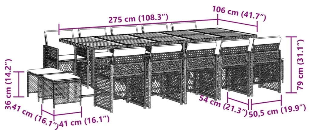 15 pcs conjunto jantar p/ jardim c/ almofadões vime PE cinzento