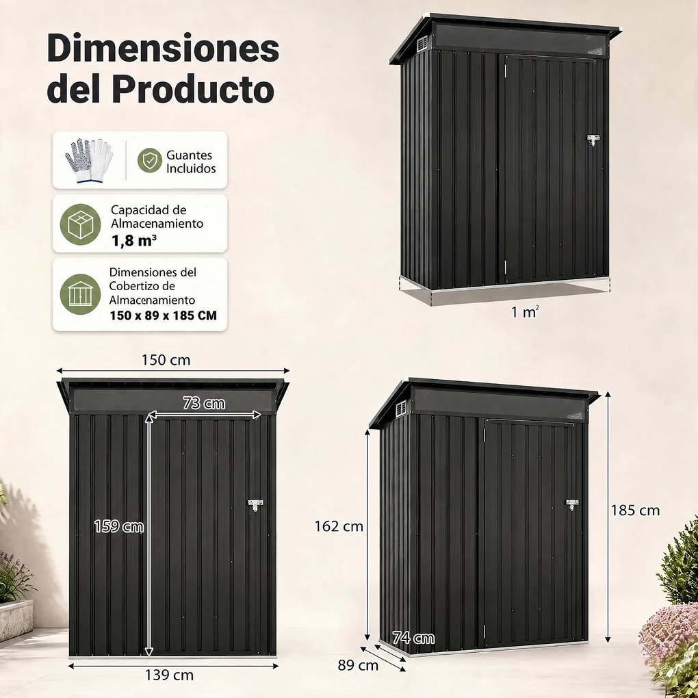 Abrigo de Jardim Metálico, 150 x 89 x 185 cm, Telhado Inclinado, Cinzento-escuro