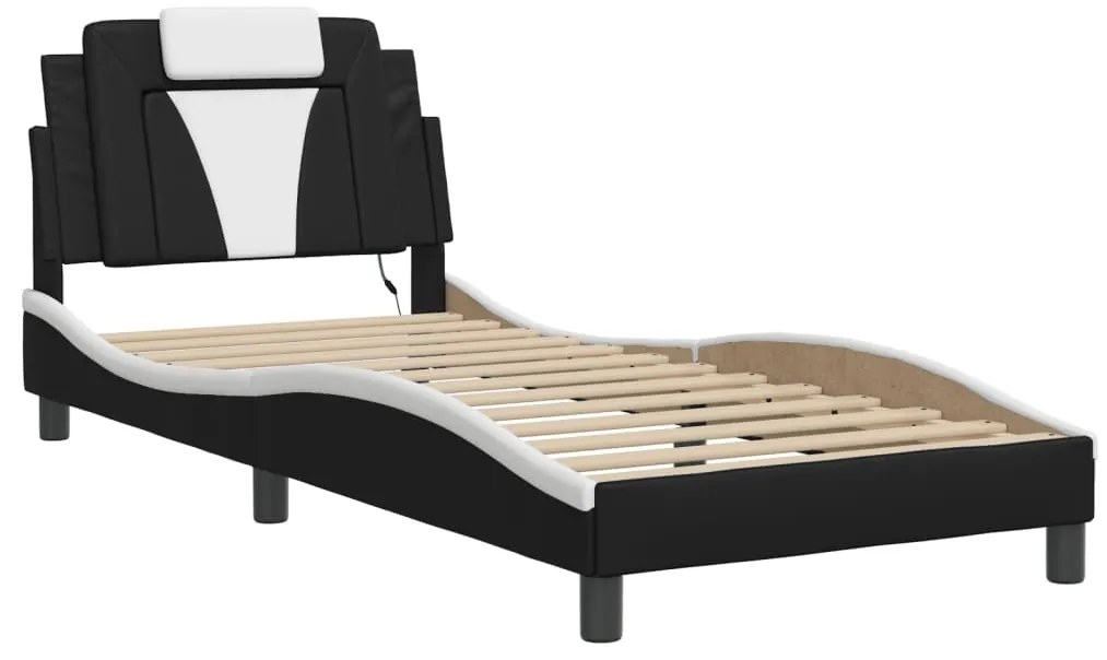 Estrutura cama c/ luzes LED 90x200 cm couro artif. preto/branco