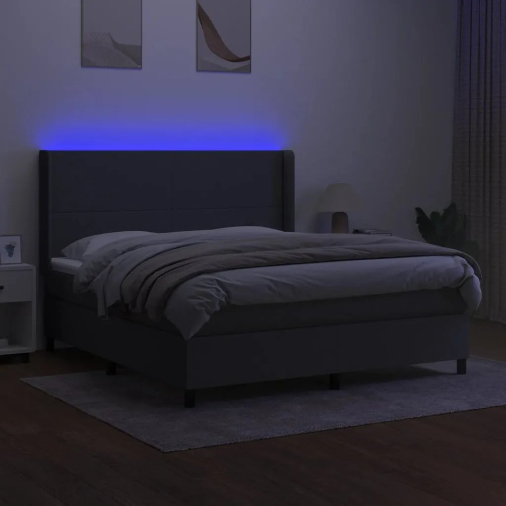 Cama box spring c/ colchão e LED 180x200 cm tecido cinza-escuro