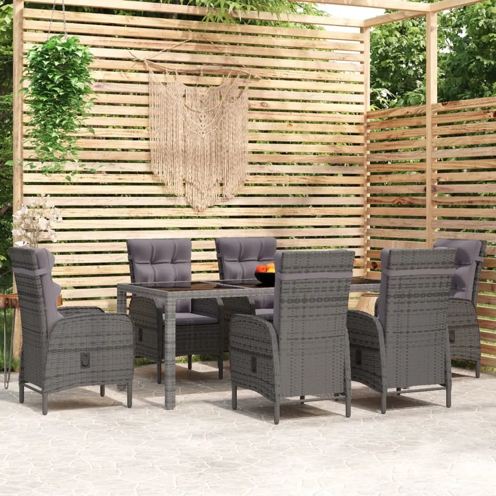 vidaXL 7 pcs conjunto de jantar para jardim vime PE cinzento