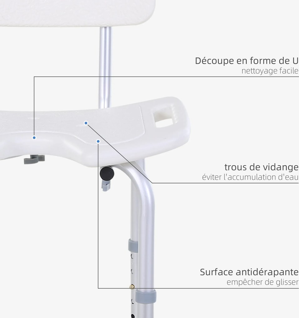Banco de duche, cadeira de duche ergonómica, altura ajustável, pés antiderrapantes, carga máxima de 136 kg, alumínio e HDPE