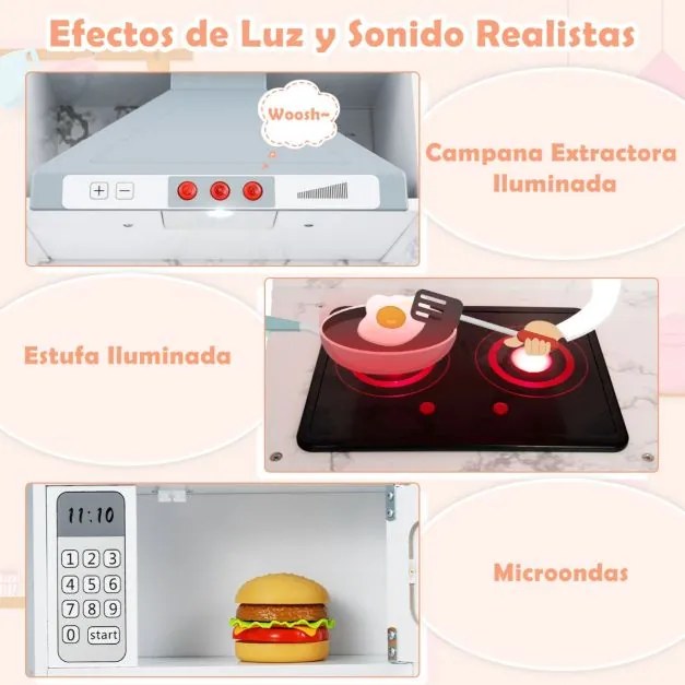 Cozinha Brincar de madeira para crianças 102 x 51 x 85 cm com luzes e sons, exaustor iluminado, sistema de água com dispensador e máquina de lavar par