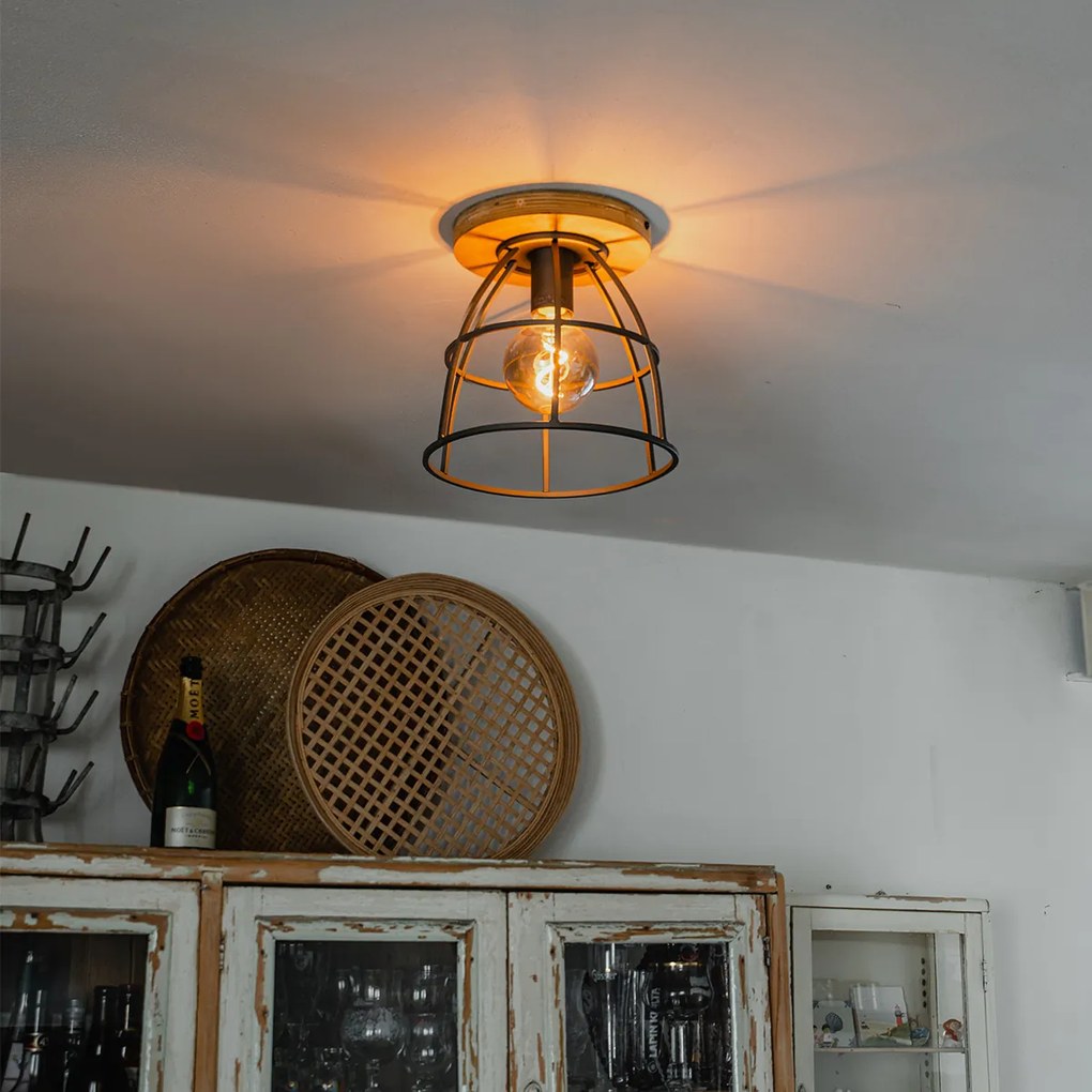 Candeeiro de teto industrial cinzento escuro com madeira - Arthur