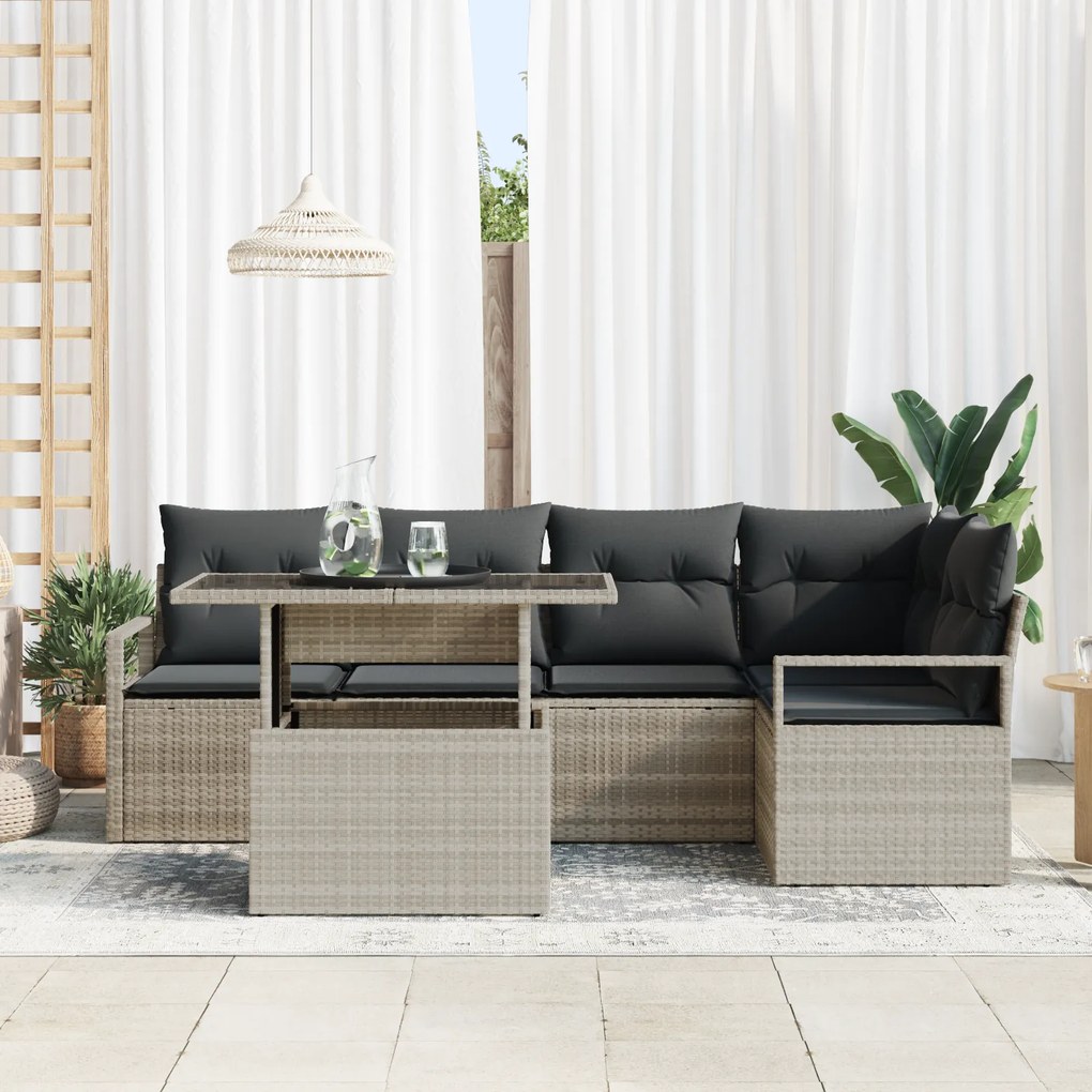 Conjunto de Sofá de Jardim de 6 Peças com Almofadas Rattan Cinza Claro