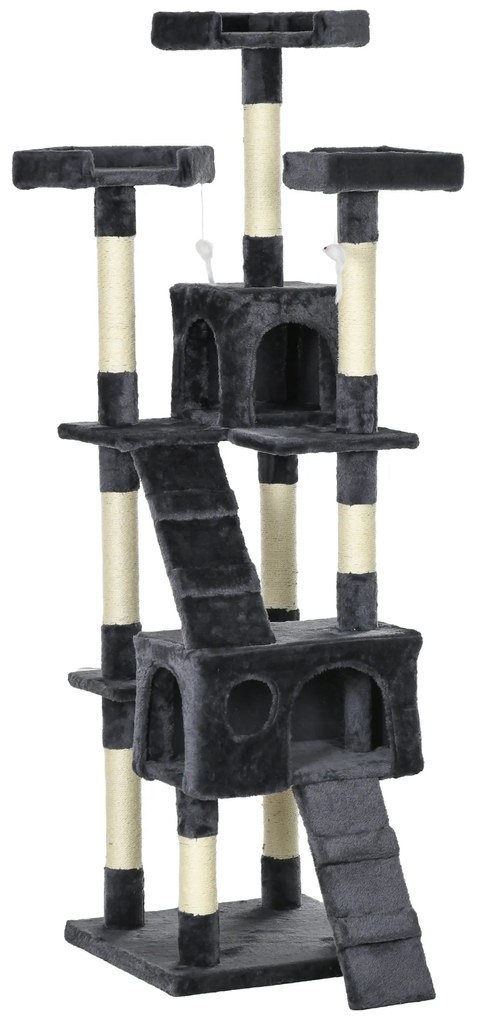 PawHut Arranhador para Gatos Grande 49x49x173 cm com Múltiplos Níveis Cavernas e Brinquedos Suspensos Cinza Escuro