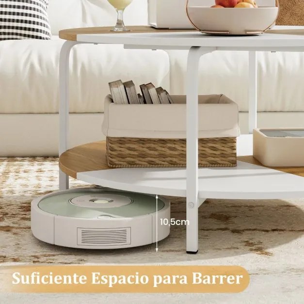 Mesa redonda de centro 80 cm de 2 níveis com prateleira e estrutura metálica Branco e Natural