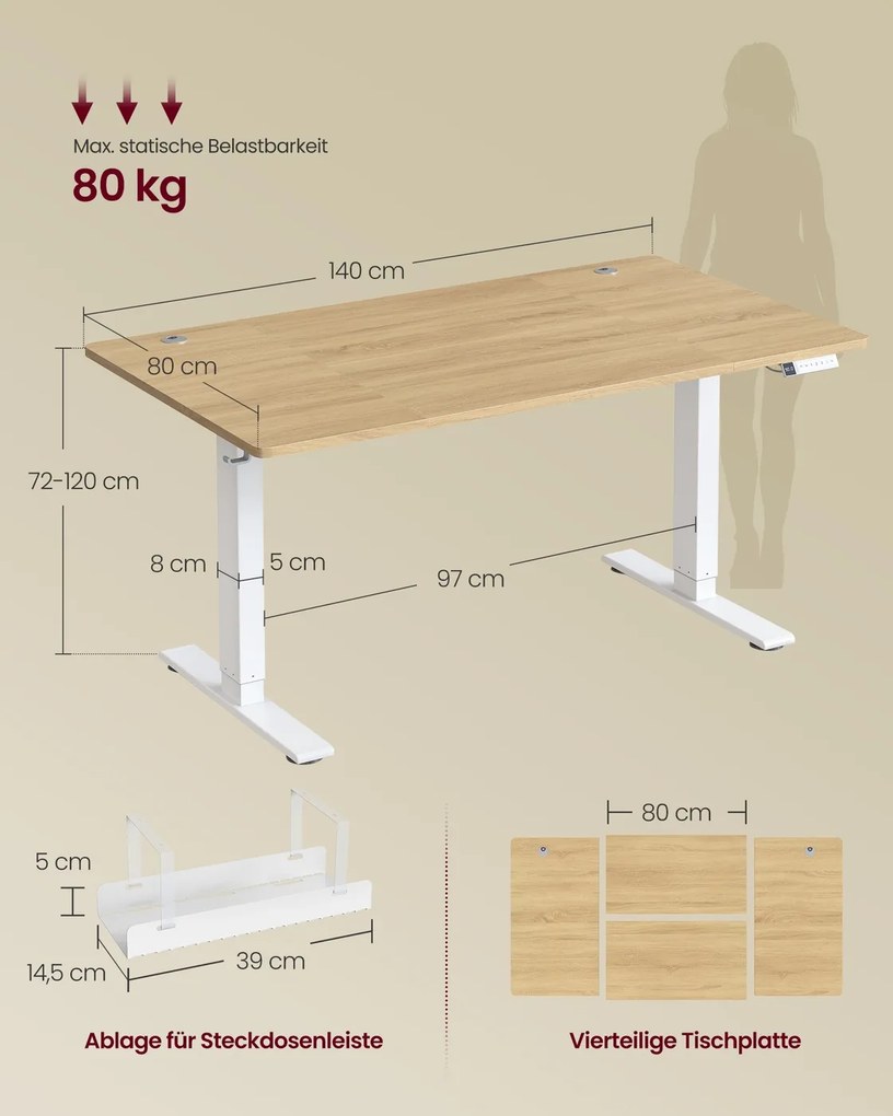 Secretária elétrica 140 x 80 x (72-120) cm com altura ajustável, porta USB e função de memória, bege e branca
