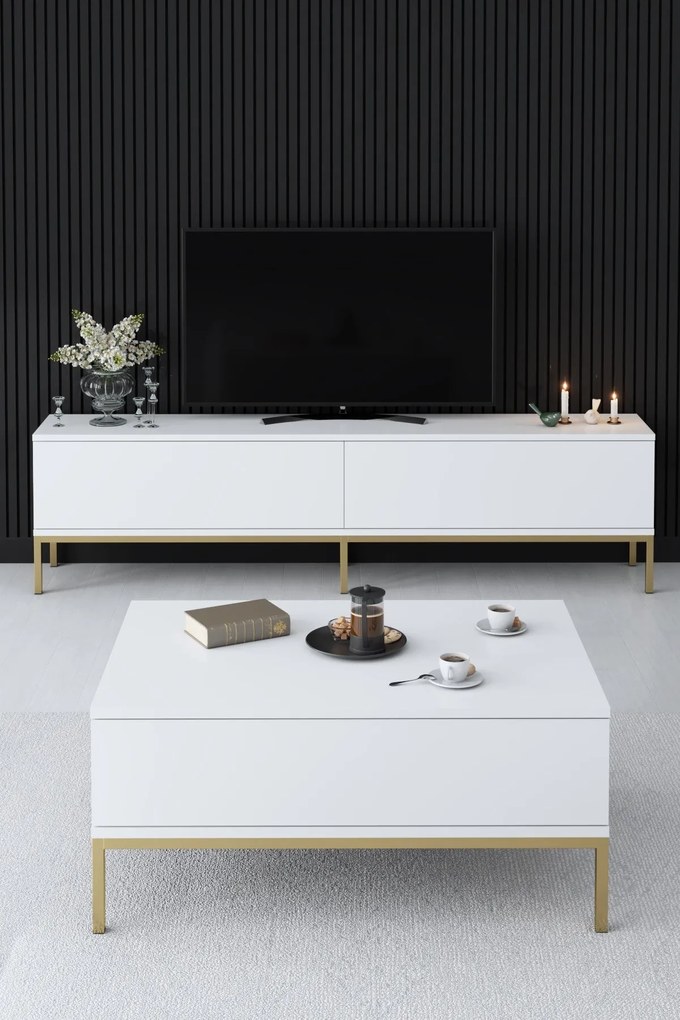 Conjunto de Mobiliário de Sala Lord – Branco/Dourado – Tv Stand: 180x4