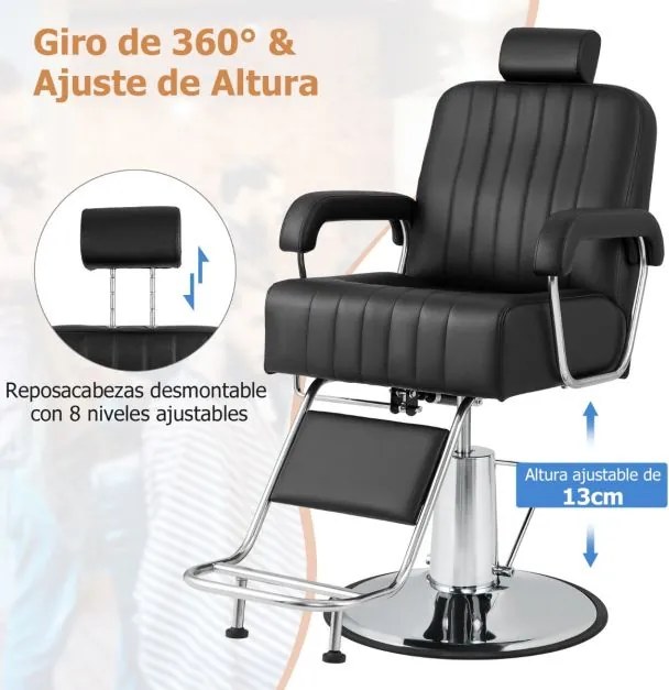 Cadeira de cabeleiro, barbeiro 108-121 cm com apoio de cabeça giratório de 360° Encosto reclinável e regulação da altura Carga 150 kg Preto