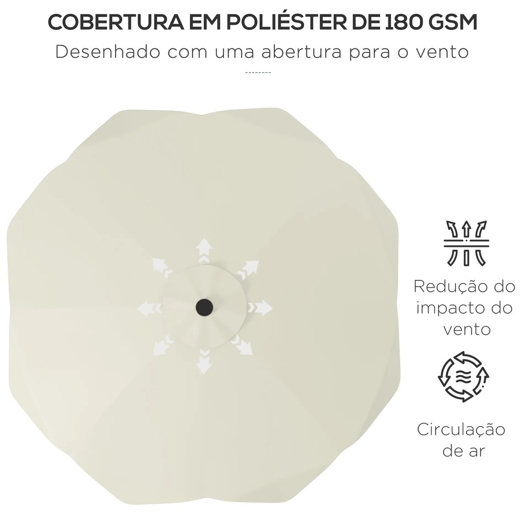 Chapéu de Sol de Jardim Ø292x248 cm Chapéu de Sol com Manivela 32 Luzes LED Solares e 8 Hastes Creme