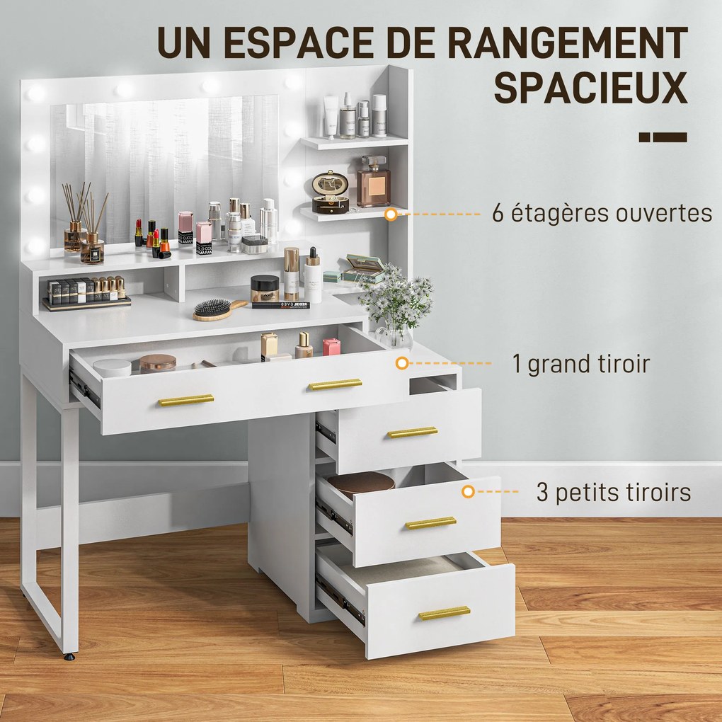 Toucador com espelho e 9 luzes LED, 4 gavetas e 6 compartimentos abertos, 100 x 40 x 138 cm, branco
