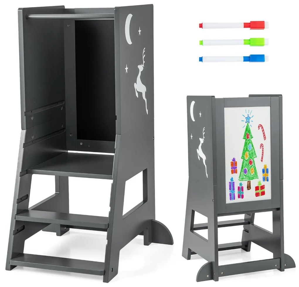Auxiliar de cozinha para crianças com quadro negro e quadro branco - Natural