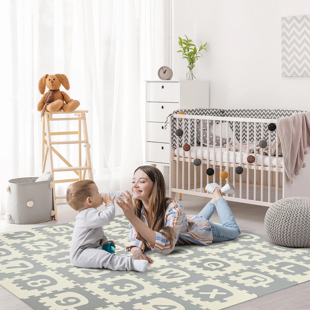 HOMCOM Tapete Puzzle para Bebés 36 Peças 31,5x31,5cm com 26 Letras (A-Z) e Números 0 ao 9 Quebra Cabeça Infantil de 3,24m² Espuma EVA Suave Cinza e Branco