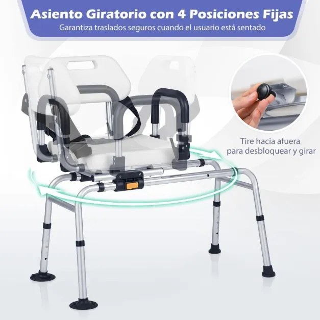 Cadeira de banho giratória para idosos com encosto e altura ajustável em 5 níveis, apoios de braços e banco de apoio para pessoas com mobilidade reduz