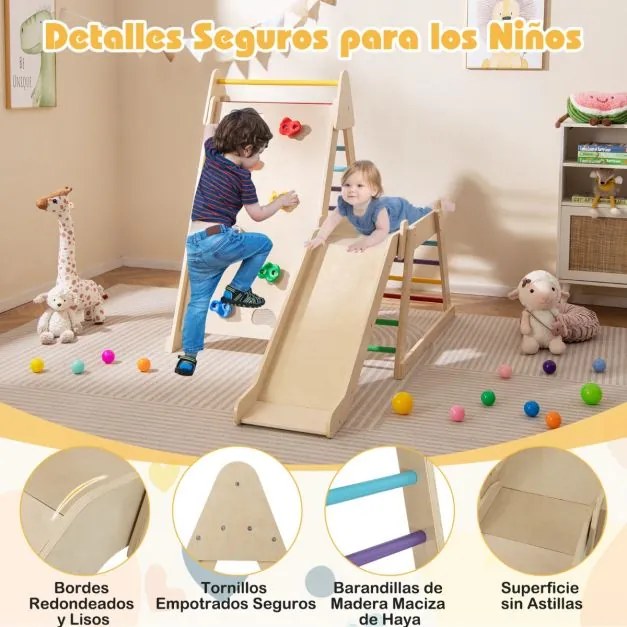 Conjunto de escalada interior para crianças 3 em 1 com escorrega, parede de escalada e escada de madeira para crianças com mais de 3 anos Multicolor