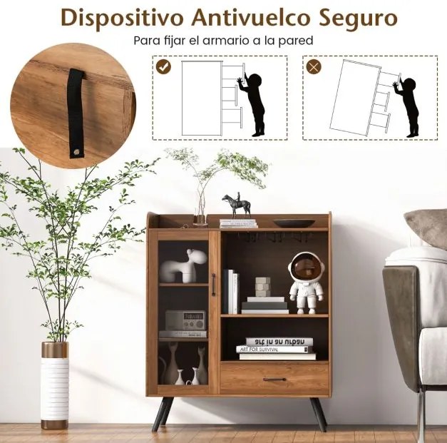 Garrafeira para vinhos Armário para licores com porta e gaveta Estante para vinhos e suporte para copos para cozinha Bar castanho 80 x 40 x 95 cm cast