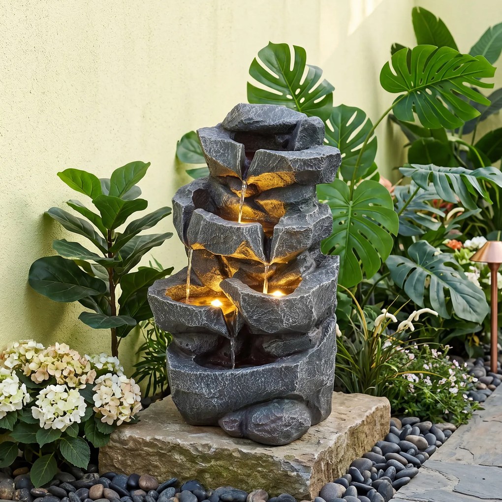 Fonte de água em cascata para exterior com 5 níveis 29,5 x 21 x 47 cm, iluminação LED e caudal regulável, decorativa para sala, jardim ou terraço