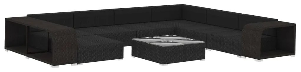 10 pcs conjunto lounge de jardim c/ almofadões vime PE preto