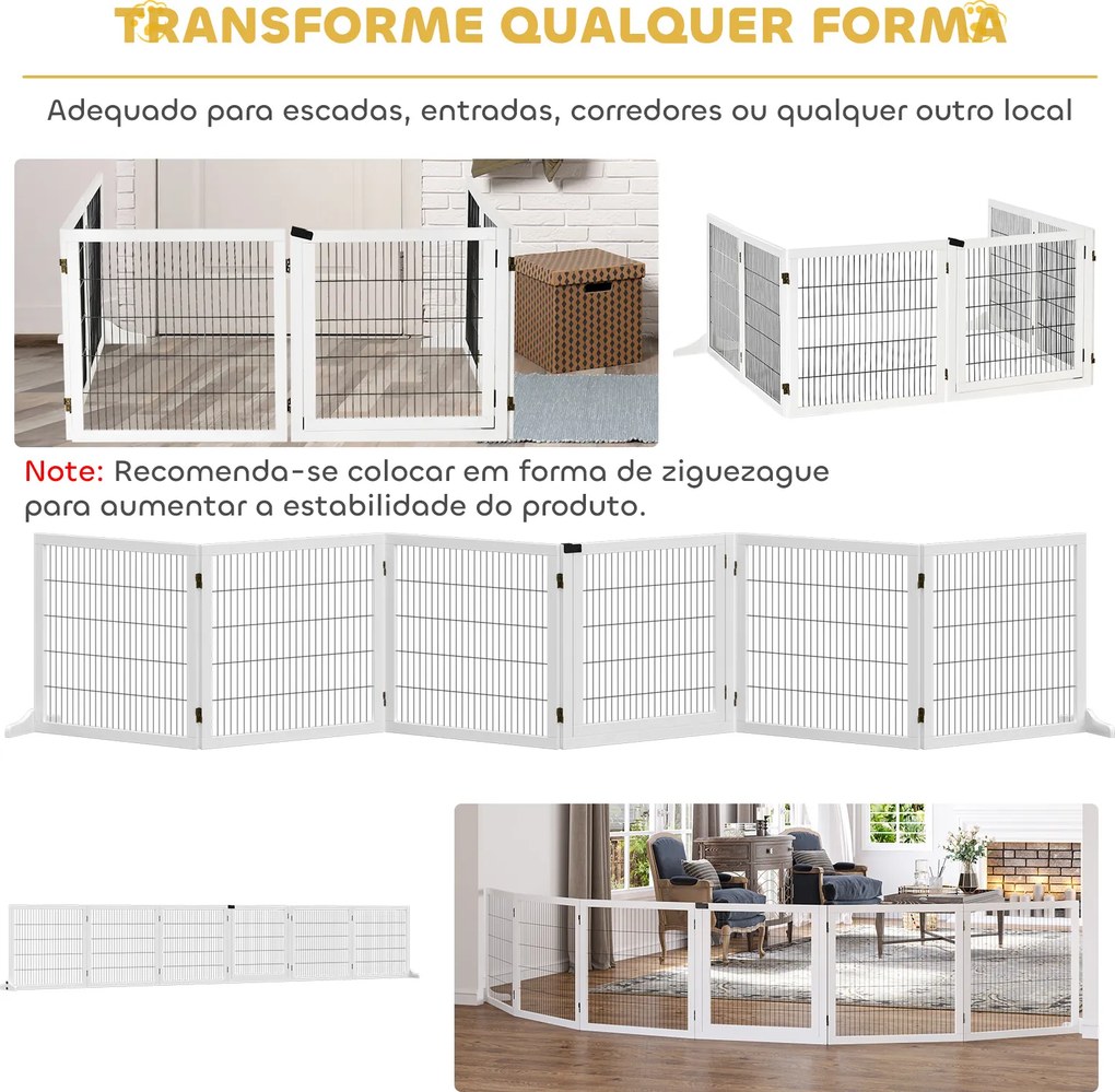 Barreira de Segurança para Cães de Madeira Dobrável para Cães Pequenos e Médios com 6 Painéis 432x36x70 cm Branco