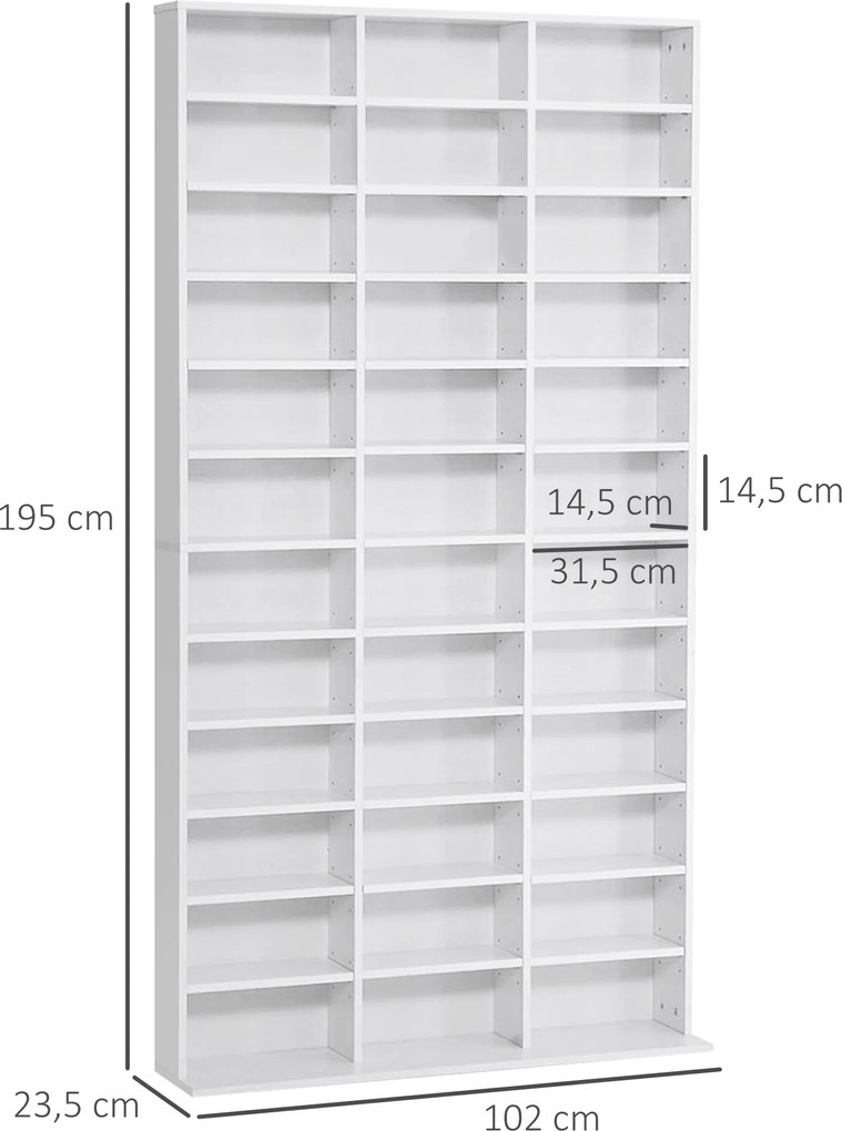 Estante para CDs/DVDs – Móvel de arrumação para 1116 CDs, com 36 compartimentos ajustáveis em altura, branco