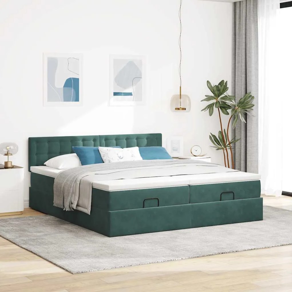 Estrutura de cama otomana com colchão verde escuro Veludo