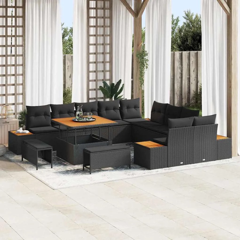 vidaXL Conjunto de Sofá de Jardim de 13 Peças com Almofadas Pretas em Rattan Sintético e Acácia