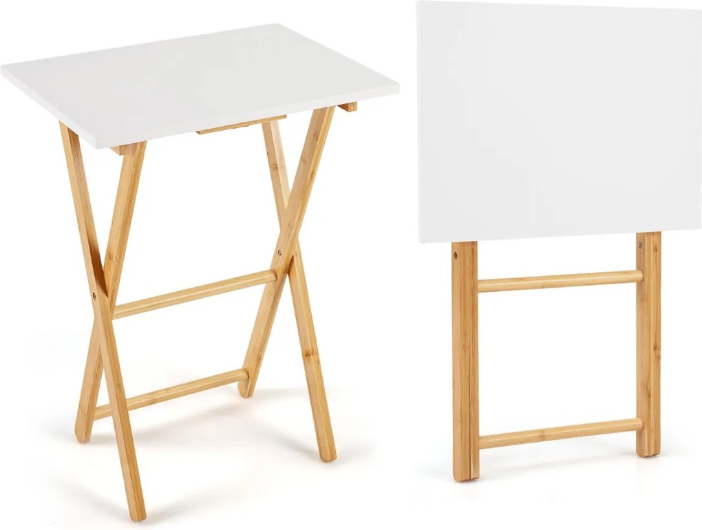 Conjunto de 2 mesas apoio dobráveis de bambu 48 x 35 x 64 cm, refeições e sofá; portátil; ideal para espaços pequenos quarto e sala de estar branco