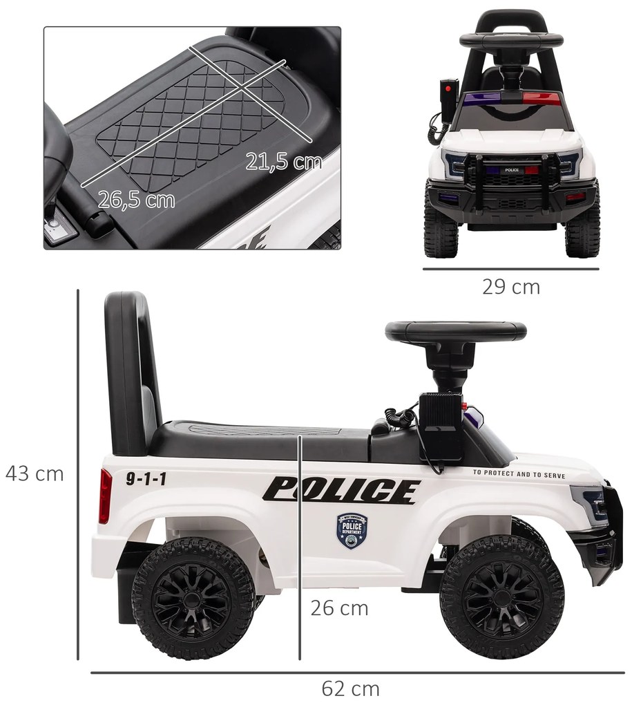 Carro Andador de Policia para Bebé de 18-60 Meses Carro sem Pedais com Buzina Megafone Compartimento de Armazenamento e Encosto Removível 62x29x43cm B