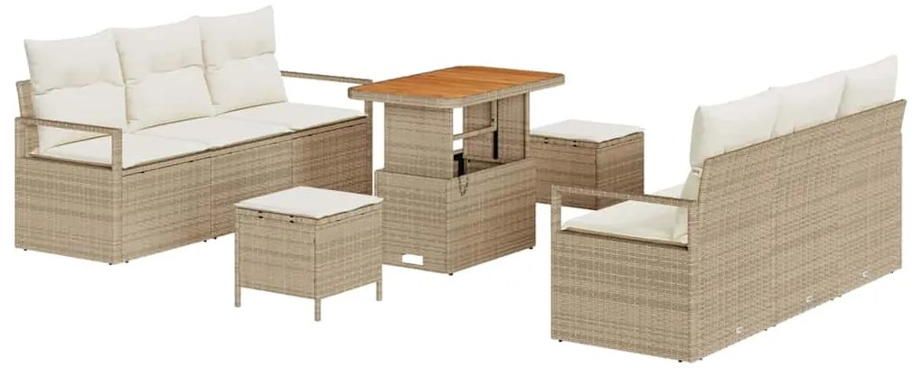 Conjunto de Sofá de Jardim de 9 Peças com Almofadas Beje Polirattan Ac