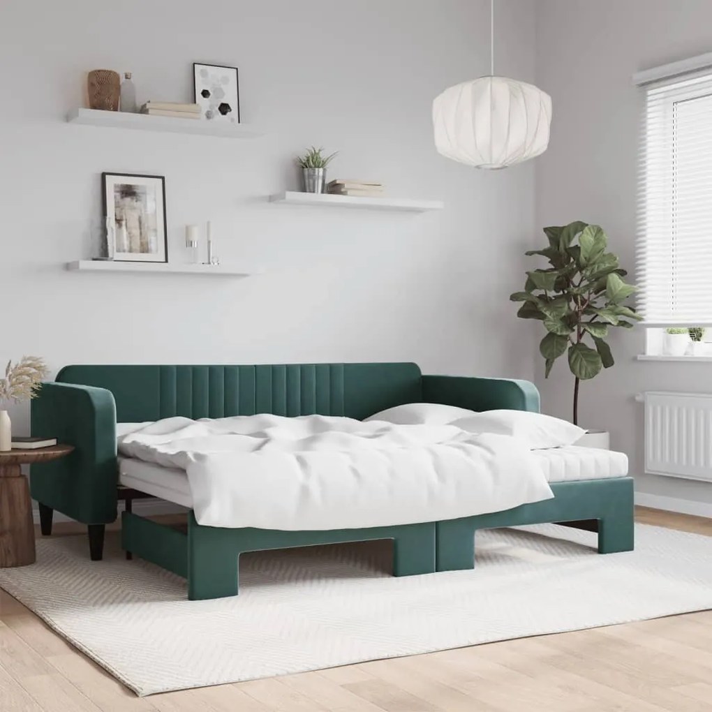 vidaXL Sofá-cama c/ gavetão e colchões 90x200cm veludo verde-escuro