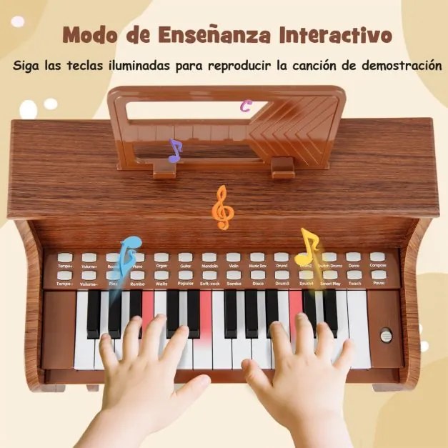 Piano de brincar com 25 teclas para crianças 38 x 24 x 47 cm, com banco e suporte, velocidade e volume ajustáveis, modo de aprendizagem, design em mad