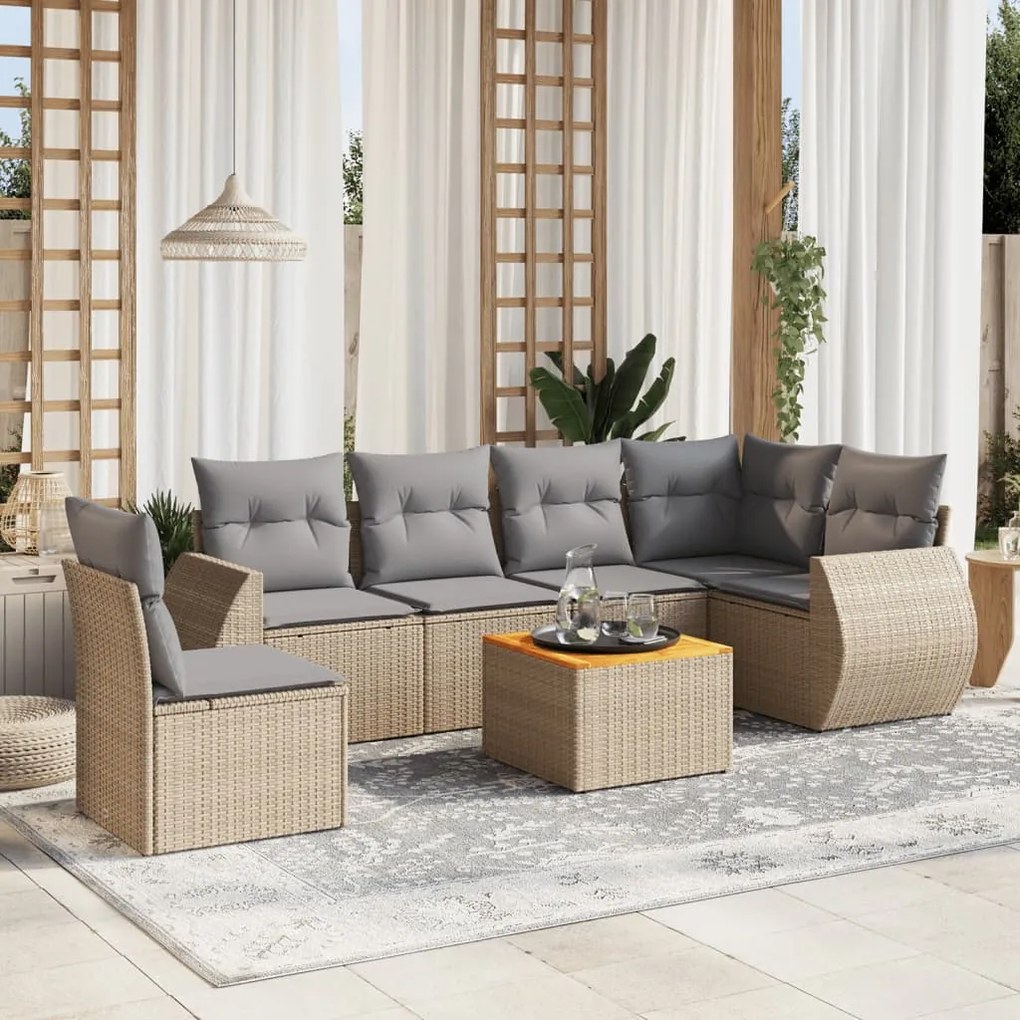 7 pcs conjunto de sofás p/ jardim com almofadões vime PE bege