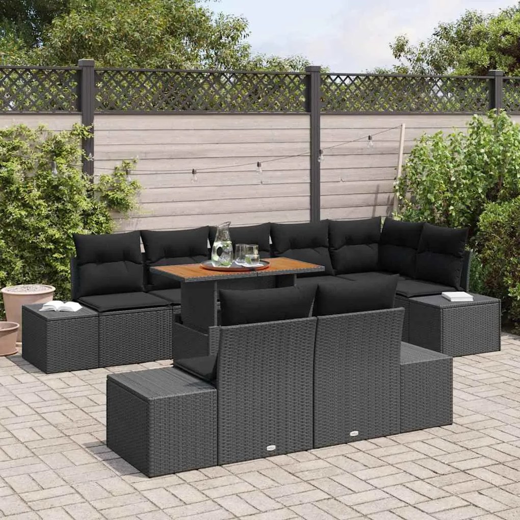 Conjunto de Jantar de 9 Peças com Almofadas Pretas em Rattan Sintético