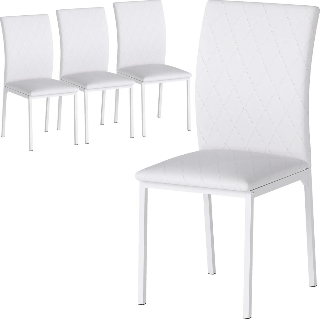 Conjunto de 4 cadeiras de sala de jantar e de cozinha (MESA NÃO INCLUIDA), com estofo em losango e pés de metal, 41 x 50 x 91 cm, brancas