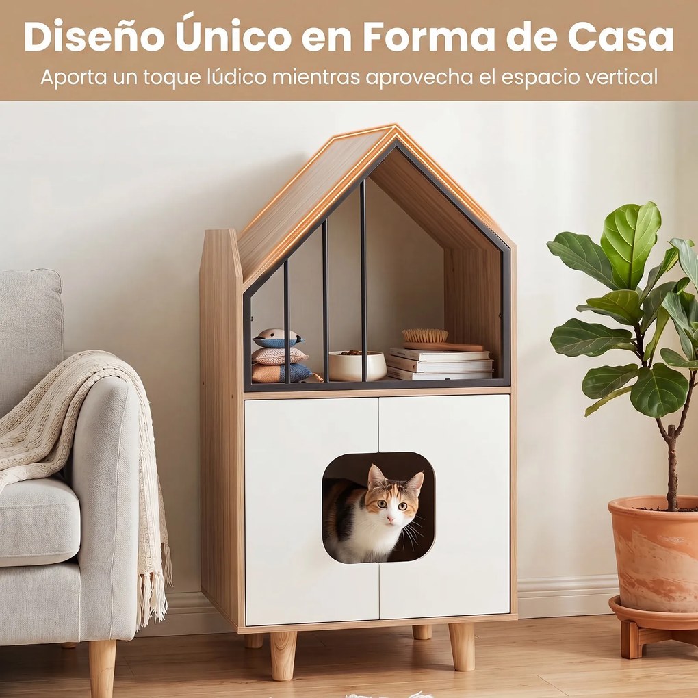 Móvel para Gato com Refúgio e Armário para caixa areia (CAIXA AREIA NÃO INCLUIDA), 50 x 48,5 x 100 cm, Design de Dois Níveis, Natural e Branco