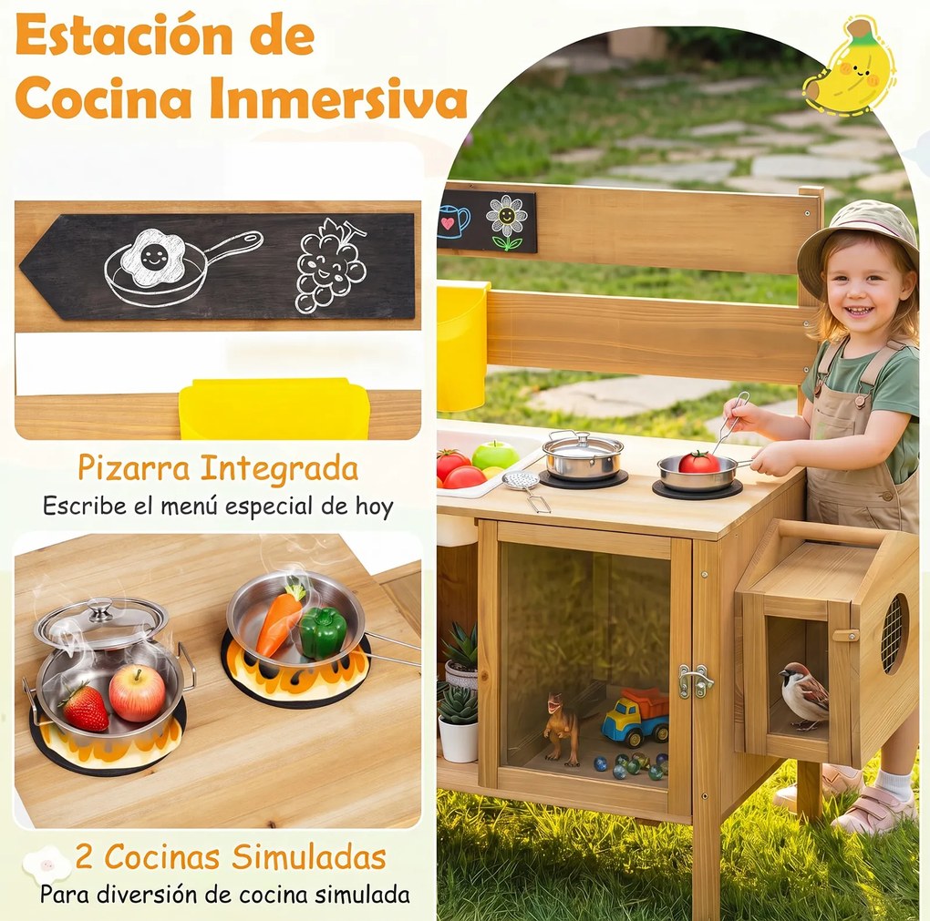 Cozinha de Brincar de Exterior, 106 x 35 x 95,5 cm, com Lava-Loiça, Natural