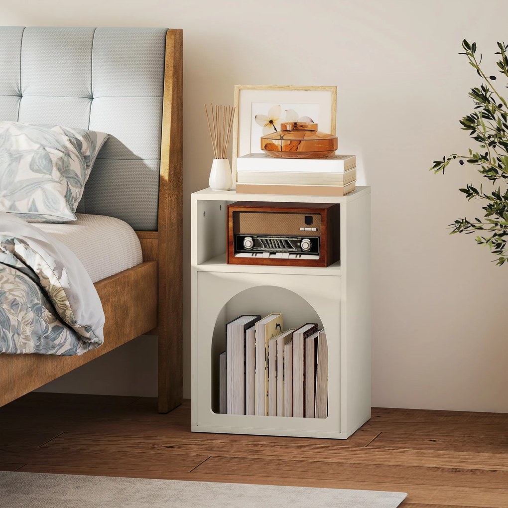 Mesa de Cabeceira Moderna Mesa de Cabeceira Estreita com 2 Compartimentos Abertos Desenho em Forma de Arco 40x30x60 cm Creme