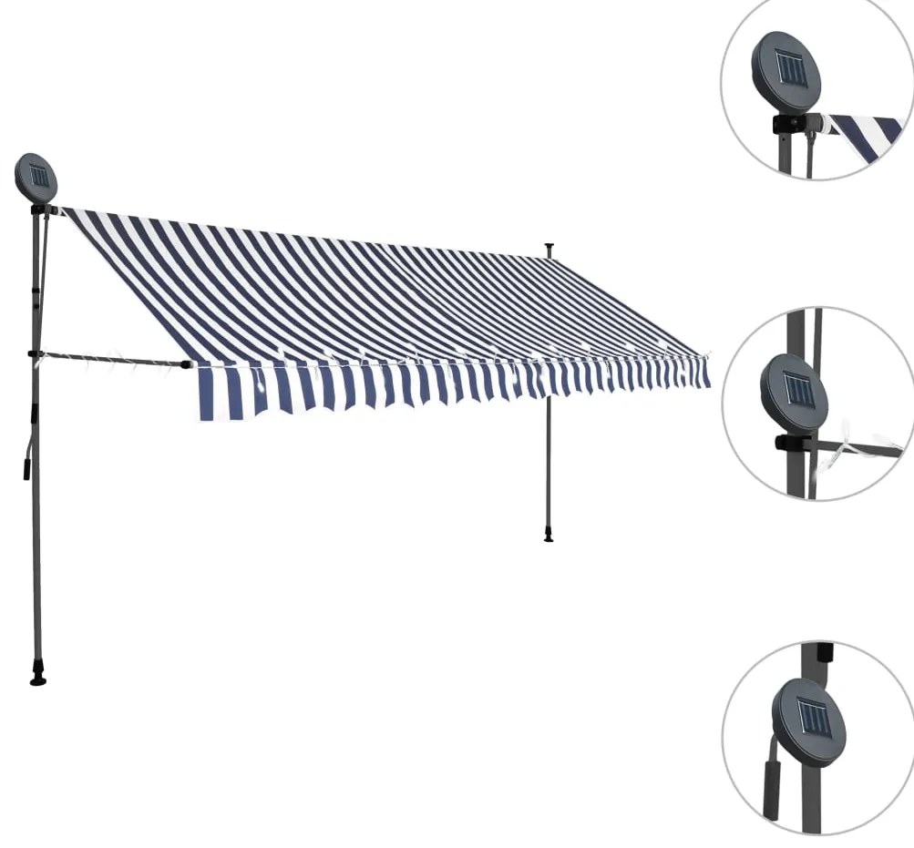 Toldo retrátil manual com LED 350 cm azul e branco