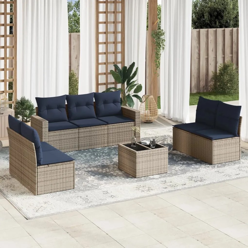 vidaXL 8 pcs conjunto sofás p/ jardim c/ almofadões vime PE cinzento