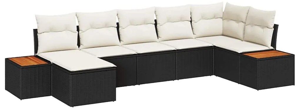 Sofá de Jardim de 7 Peças com Almofadas de Rattan Preto e Acácia