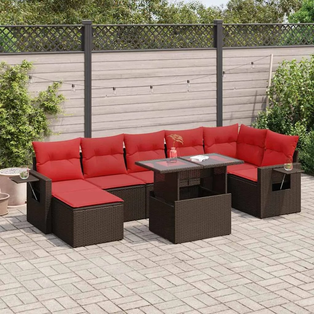 8 pcs conj. sofás jardim c/ almofadões vime PE/acácia castanho