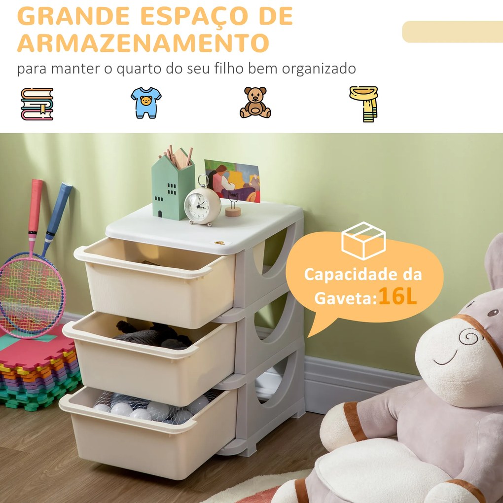 Organizador de Brinquedos para Crianças com 3 Gavetas Arrumação para Brinquedos Roupas Livros 37x37x56,5 cm Bege