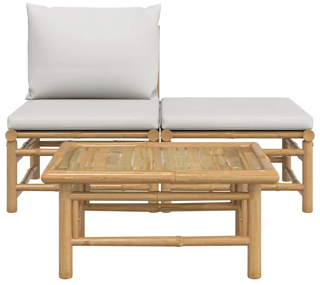3 pcs conj. lounge de jardim bambu c/ almofadões cinzento-claro
