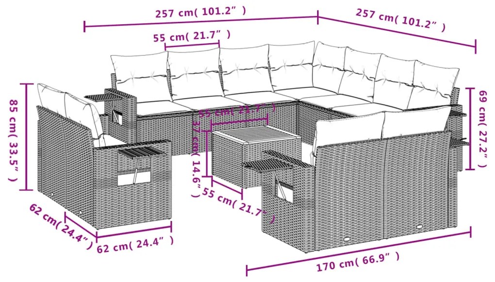 12 pcs conjunto de sofás jardim c/ almofadões vime PE cinzento
