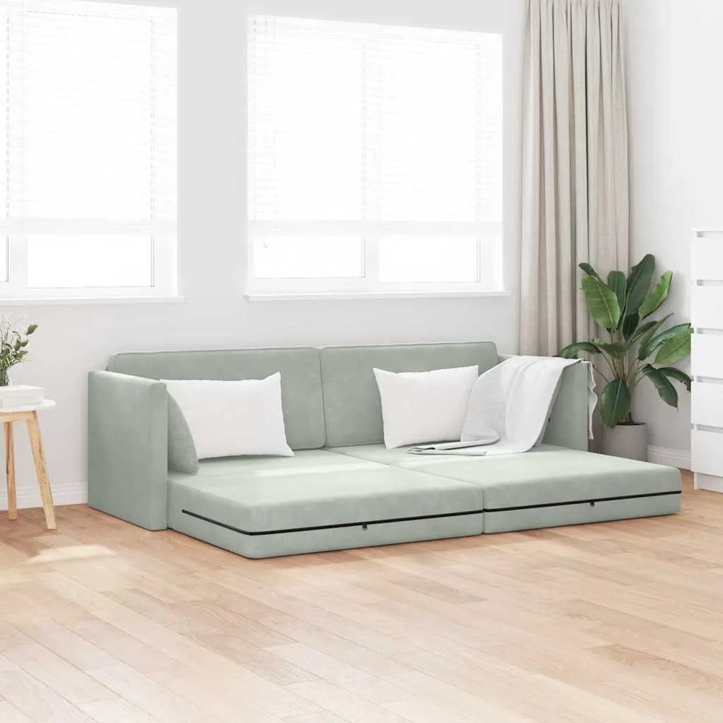 Sofá Cama de Chão 2-em-1 Cinza Claro 213x144x60 cm Veludo