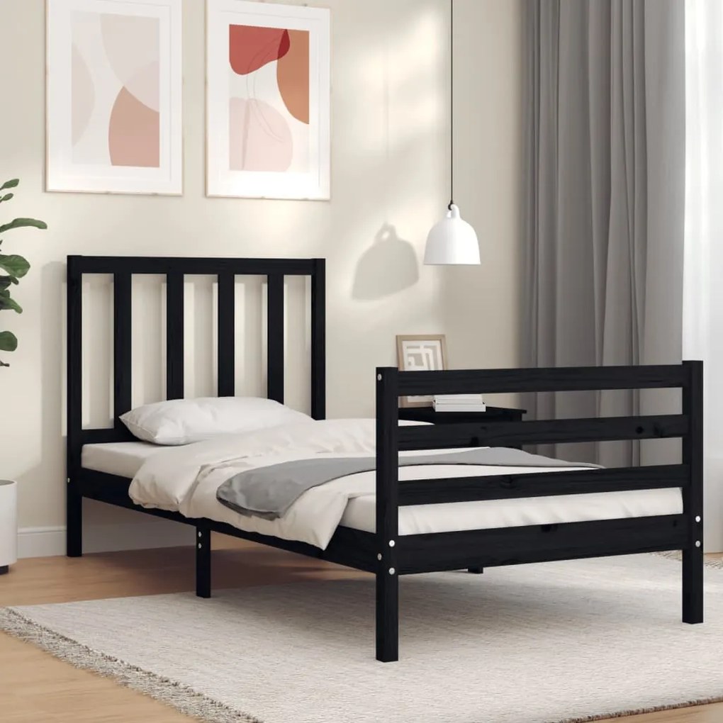 Estrutura de cama com cabeceira 100x200 cm madeira maciça preto