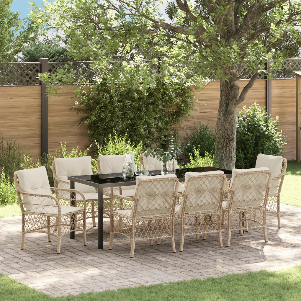 vidaXL Conjunto de Jantar com 9 Peças com Almofadas Bege Rattan Poliéster