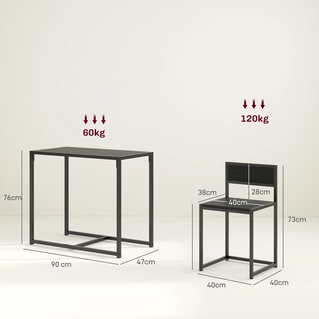 Conjunto de mesa e cadeiras, mesa de jantar de 3 peças com 2 cadeiras encaixáveis, para cozinha, sala de estar ou casa, preto