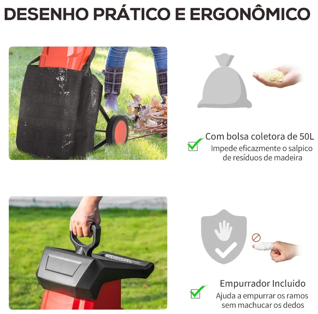 Triturador Elétrico de Folhas 2500W para Jardim com 2 Lâminas Bolsa de Coleta de 50L e Rodas para Ramos Ervas 40x34x89cm Preto e Vermelho